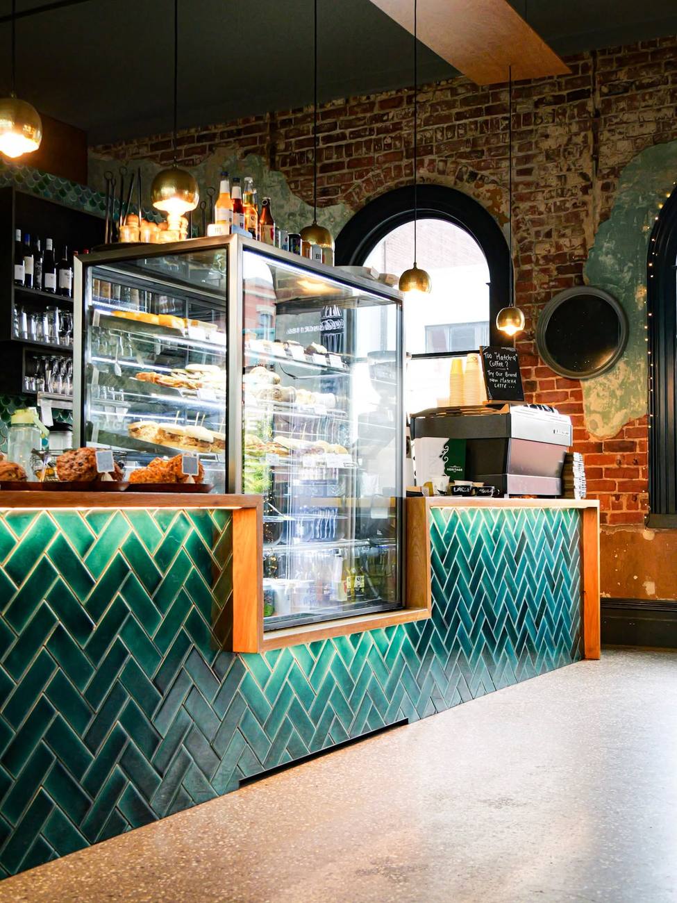 The emerald tile coffee bar and cabinet