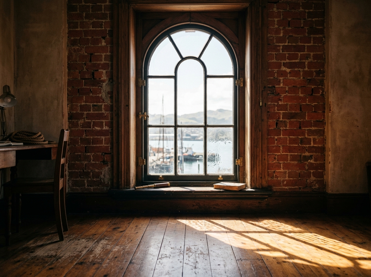 Arched wooden window and exposed brick