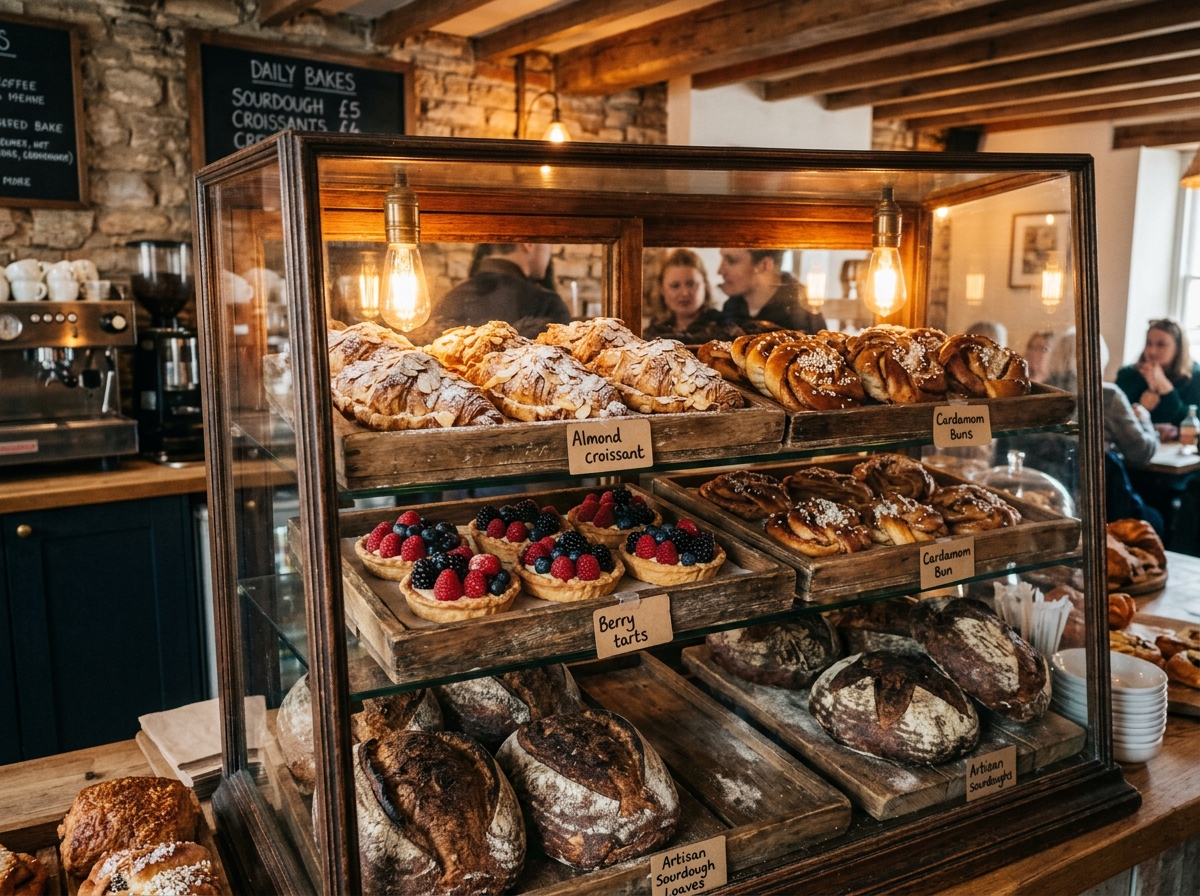 Fresh pastries in display cabinet