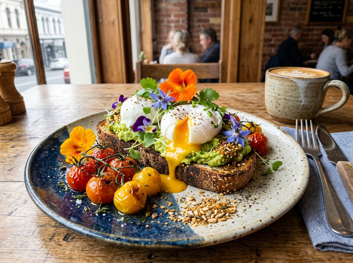 Fresh vibrant cafe dishes, poached eggs, avocado and artisan sourdough bread